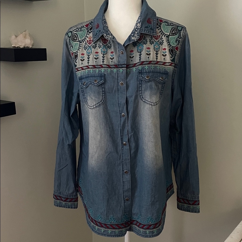 Tasha Polizzi Embroidered Denim Snap-Up Shirt, Large